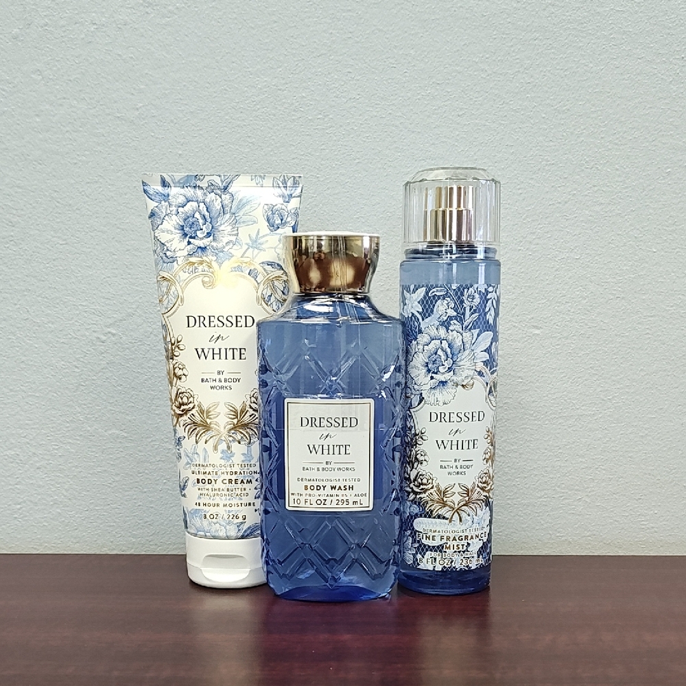 Bath & Body Works DRESSED IN WHITE 3 Piece Body Care Bundle Set